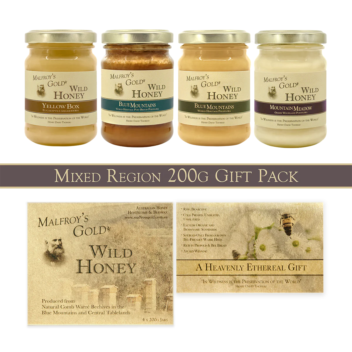 Malfroy's Gold Wild Honey 200g Mixed Four Jar Gift Pack