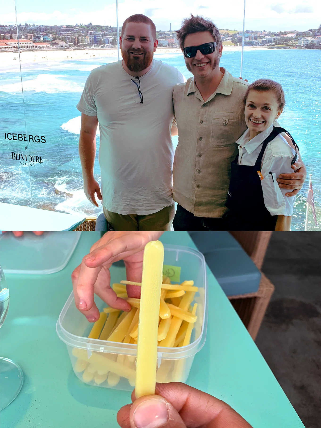 Brittany and Alex with Tim Malfroy and his wares at Icebergs, Bondi