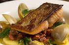 The Sea Trout with Clams,Merguez,Champagne cream and Saffron at Pearl Cafe at Woolloongabba.